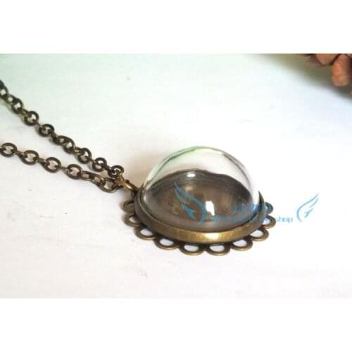 Free shipping!!! 10sets antique bronze color 20mm half round shape clear glass globe necklace kit