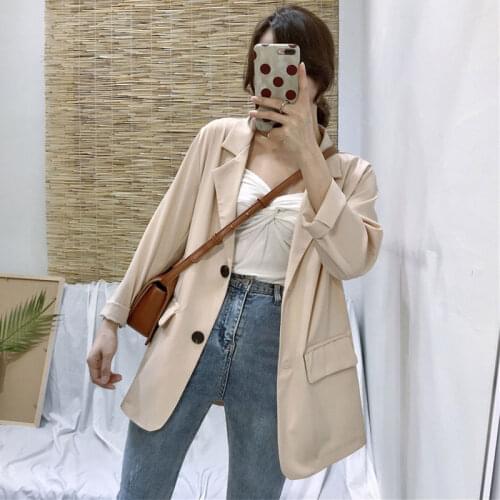 Women Spring Korean Thin Blazers Fashion Chic Solid Color Notched Two Buttons Loose Blazer Female Temperament All Match Clothing
