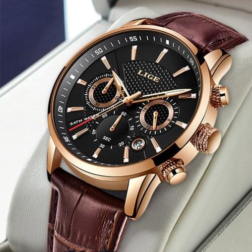 LIGE Classic Genuine Leather Watch Men Top Brand luxury Men watch Fashion Sport Military Waterproof Watches For Men Dropshipping