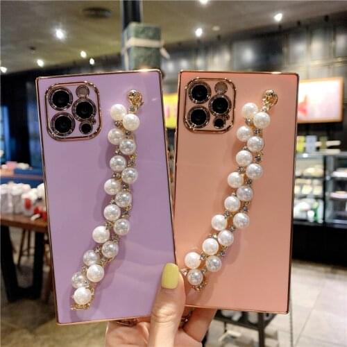 Square Pearl Chain Phone Case For iPhone 12 11 Pro Max XS Max XR X 7 8 Plus 12 Mini Electroplated Shockproof Soft TPU Back Cover
