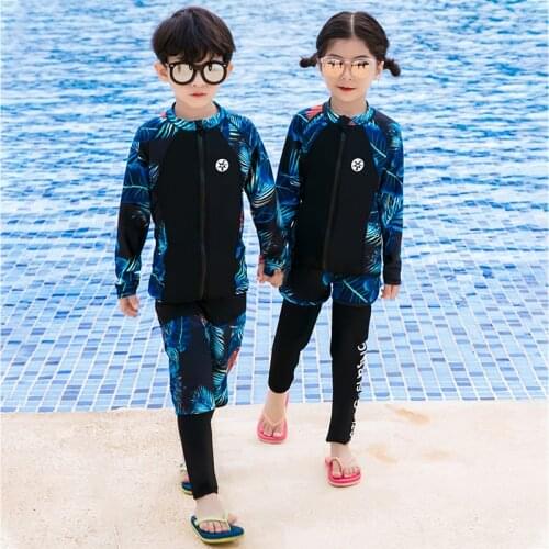 Kids Rashguard Swimsuit Girl Boy 3 Piece Long Sleeve Wetsuit front Zipper Pants Shorts Surfing blue print Bathing Sportsuits
