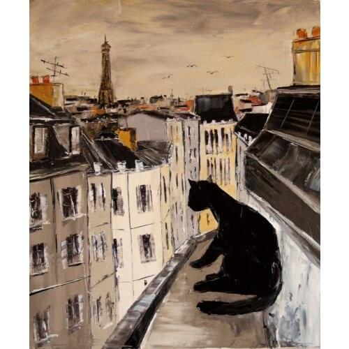 Handpainted Modern Abstract Wall Art Painting Reproductions Animal Oil Painting Black Cat on Roofs of Paris Atelier de Jiel
