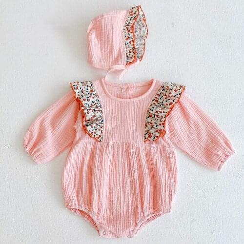 Toddler Baby Girl Romper+Hat Spring Autumn Baby Girls Clothes Infant Baby Girls Cotton Long Sleeve Splicing Jumpsuit