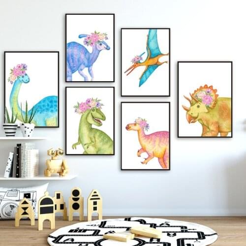 Cartoon Animals Dinosaur Nordic Posters And Prints Nursery Wall Art Canvas Painting Wall Pictures Baby Girl Room Bedroom Decor