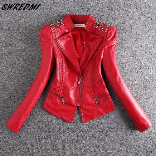 SWREDMI 2020 New Fashion Red Motorcycle Leather Jacket Women Rivet Zippers Biker Leather Coat Plus Size S-3XL Suede Outerwear