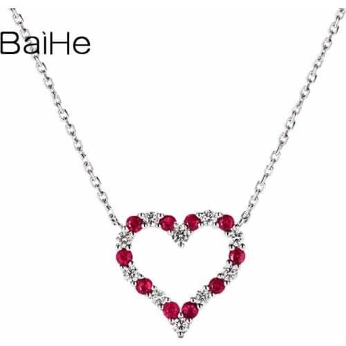 BAIHE Solid 18K White Gold 0.28ct Round Natural Rubys Wedding Women Trendy Romantic heart-shaped ruby ​​diamond Gift Necklaces