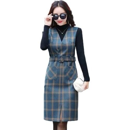 Women Spring Autumn Vest Dress V-Neck Strap Dress Vintage Sleeveless Pocket Plaid Dress Female Slim Belt Dresses Vestidos Y547