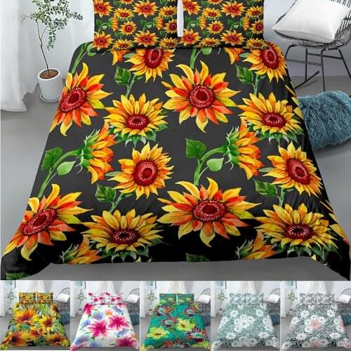 3D Sunflower Bedding Set Floral Duvet Cover with Pillowcase Shame Twin Kids Polyester Comforter Cover Queen King Size for Adult