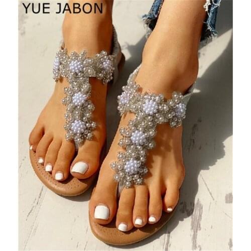 YUE JABON Sandals women Lady Summer Bohemia Beach Sandals Crystal Casual Elastic Band Flat Shoes Open Toe Shoes woman Flip Flop