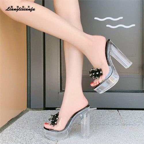 Summer female sandals transparent crystal women Rhineston shoes 13cm thick heels platform Ladies Party PVC Clear pumps sandalias