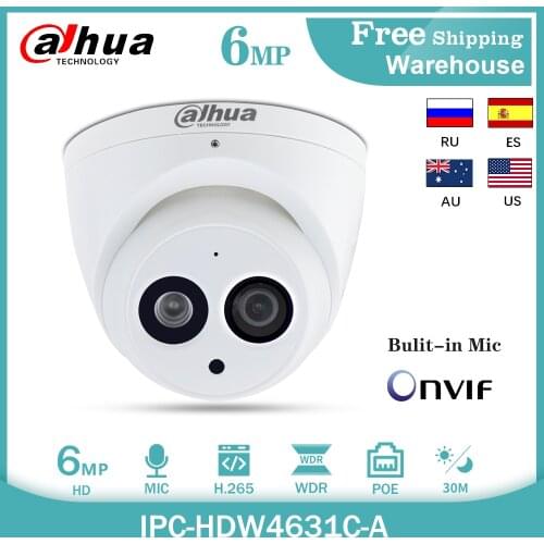 Dahua IP Camera IPC-HDW4631C-A 6MP POE H265 IP67 WDR Onvif Mini Dome CCTV Built-in MIC IR 30m Metal Case Outdoor Video Camera