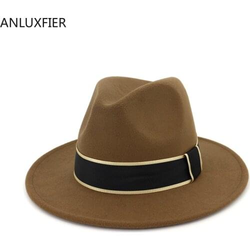 H7571 Fall Winter Fedoras Hat Womens Fashion Flat Brim Jazz Cap Ladies Wide Ribbon Fashion Elegant Church Shopping Casual Caps