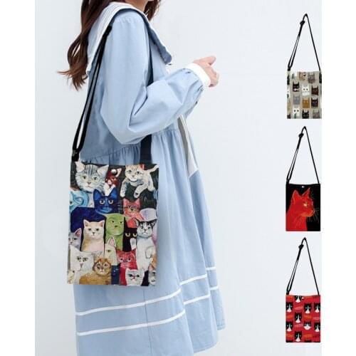 Cute Kawaii Cartoon Cat Print Women Small Shoulder Bags Design 2021 Ladies Crossbody Bag Canvas Flap School Bag Gift Girls