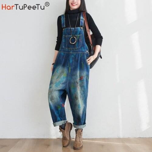 Loose Jumpsuit Women Vintage Jeans Overalls Spring Autumn Graffiti Print Pockets Baggy Casual Bib Pants with Adjustable Strap