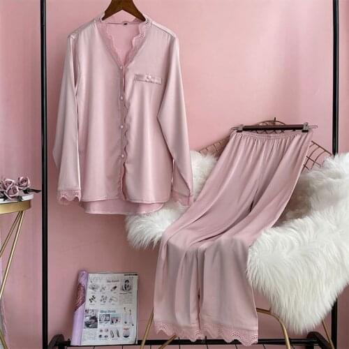 Spring New Pajamas Womens Ice Silk Long Sleeve Solid Lace Suit Pyjamas