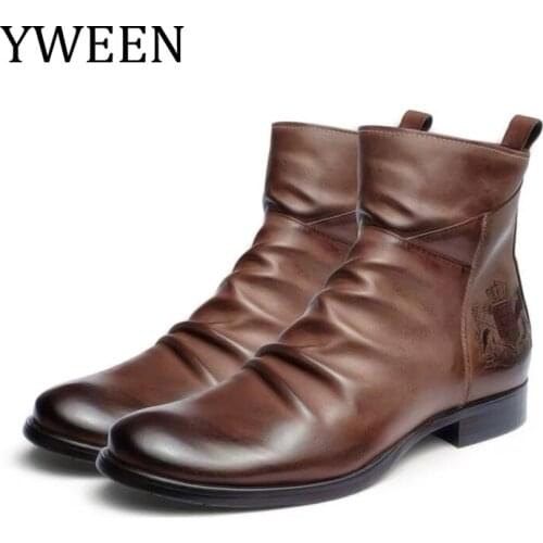 YWEEN Original Leather Boots Men 2020 Autumn Shoes Male Leather Casual Boots Men Comfy Anti-Slip Lace-up Boots