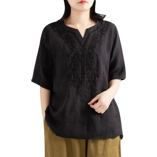 Womens Daily Casual V-Neck Embroidery Womens T-shirts Solid Color Women Blouse Japanese Style Summer Top Short Sleeve Tee