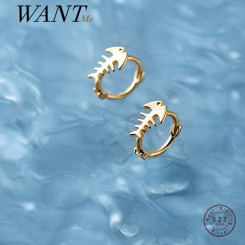 WANTME Genuine 925 Sterling Silver Ocean Creative Fish Bone Simple Small Hoop Earrings for Women Romantic Punk Party Jewelry