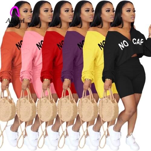Women Two Pieces Sets Tracksuits Letter Print V-neck Long Sleeve Tops + Knee Length Sweatpants Leggings Suit Sporty Outfits 2Pcs