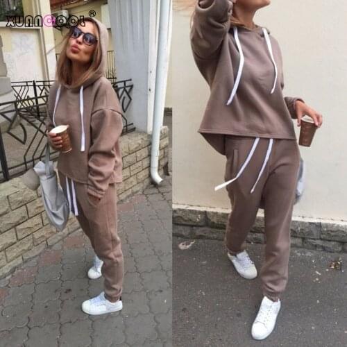 XUANCOOL 2020 Autumn Winter Irregular Solid Womens Outfits Long Sleeve Hoodies and Long Pants Two Piece Set Fitness Tracksuit