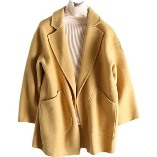 2020 New Korean Autumn Winter Coat Women Short Wool Jacket Belt Both Sided Cashmere Overcoat Female Yellow Black Outwear Casaco