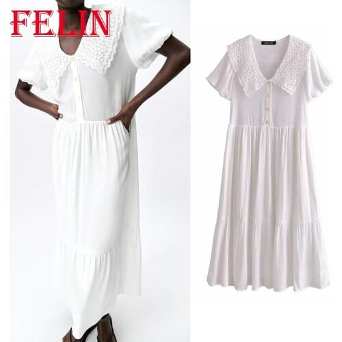 Women Chic White Summer Midi Shirt Dress Za 2021 Hollow Out Short Sleeve Sweet Ruffles Dress Elegant Casual Loose Mujer Vestidos