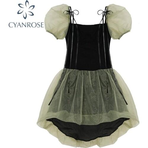 French Vintage Elegant Pairy Dress Women Streetwear 2021 Summer Puff Sleeve Close Waist Mesh Patchwork Female Casual Short Dress