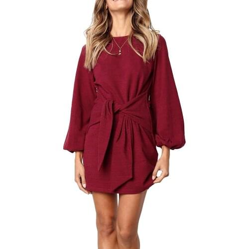 Bihuo Womens Long Sleeves Elegant Knitted Bodycon Tie Waist Sweater Pencil Dress