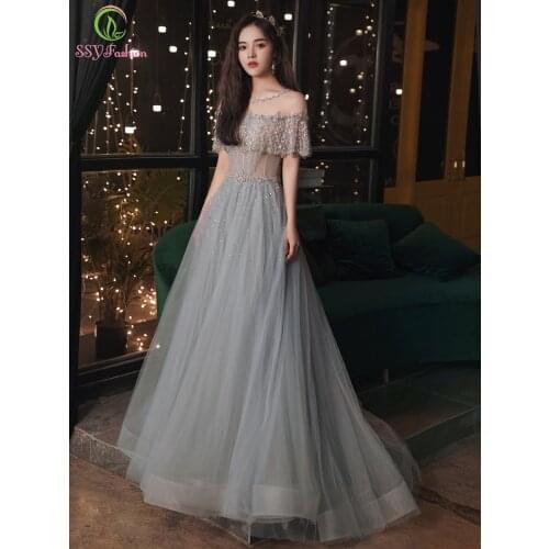 SSYFashion New Luxury Long Evening Dress Grey Blue A-line Sequins Beading Banquet Elegant Prom Formal Gown Vestidos De Noche
