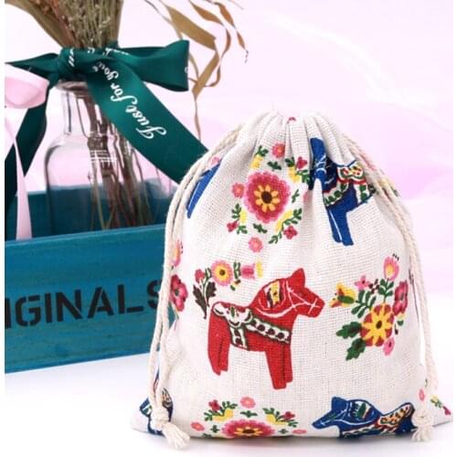 Wholesale 5pcs/lot 14x16cm Drawstring Packaging Pouches Horse Flower Printed Cotton Bags Jewelry Candy Beads Gifts Storage Bags