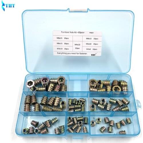 80Pcs/set M4/M5/M6/M8*8/10/13 Zinc Alloy Thread For Wood Insert Nut Flanged Hex Drive Head Furniture Nuts Assortment Kit