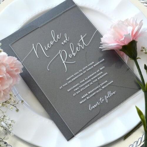 Acrylic Wedding Invitation-Clear Acrylic Invitation With White Ink Calligraphy And Thick Card Stock Envelope