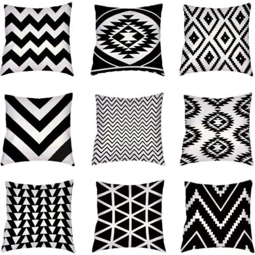 Black And White Geometric Decor Pillow Case For Bed Grid Curve Trilateral Car Seat Case Polyester Peach Skin White Cushion Cover