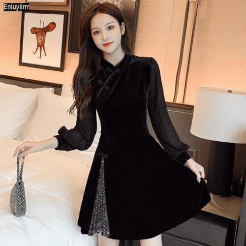 Black Stand Collar Dress Women Autumn Winter Basic Party Long Sleeve Vintage Solid Sexy Classy Dresses