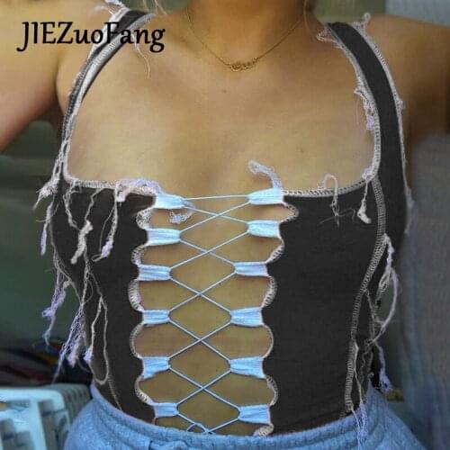 JIEZuoFang Sexy Fashion Gothic 2020 Women T-Shirt Lace Border Knitting Sleeveless T-Shirt Soft Sling Strap Summer T-Shirt