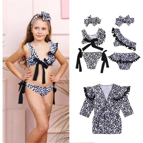 2021 Hot Kids Girls Two-pieces Bikini Set Swimwear Leopard Print Ruffles Summer Bathing Suit Beach wear Cover up Swimwear 1-6T
