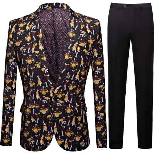 Mens Brown Violin Printed Suit Men Slim Fit Suit Set Blazers Singer Costume Casual Night Party Bar Sui