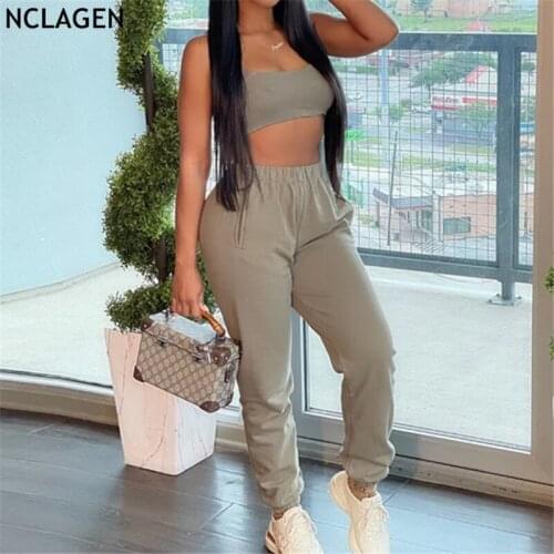 NCLAGEN Women Suit Set Backless Crop Top Camisole Loose Casual Sweatpants Street Fashion Joggers Pants Summer Two Pieces Set