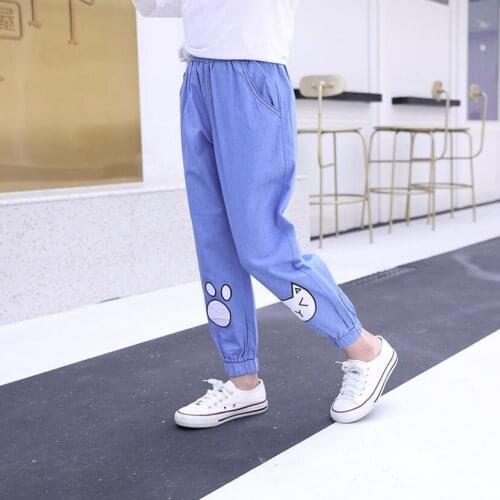 Summer pants for girls pure cotton jeans 2-13T kids thin loosen denim trouers cartoon animal full length pants girls outwear