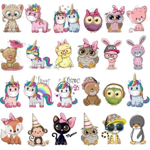 Cute Animal Patch Iron on Transfer Cartoon Cat Unicorn Owl Bear Patches for Kids Clothing Applique Heat Transfer Vinyl Stickers