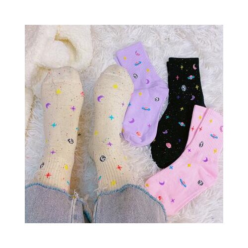 Fashion woman funny planet moon space pattern woman cotton socks meia korean female style fun colorful girl long socks