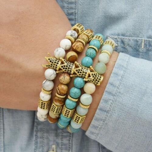 Trendy Micro Pave Cubic Zirconia Crown Charm Bracelet Hexagon Stone Bead Bracelet Female Men Couple Gift Fashion Jewelry