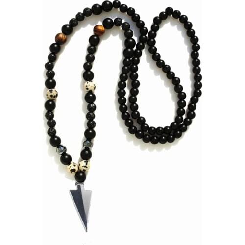 Black Mens Stone Bead & Hematite Arrowhead Pendant Necklace Fashion Jewelry Dropshipping