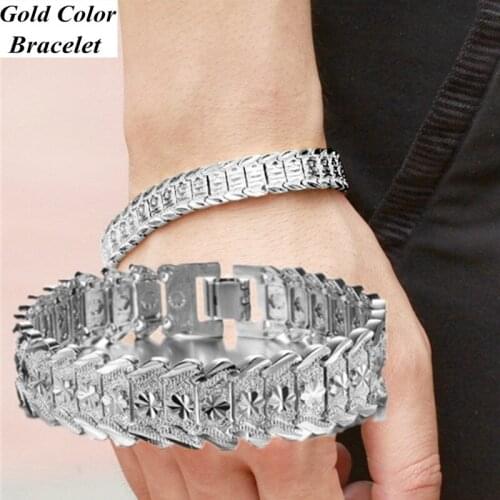 2 Colors Accessories For Men Fashion Simple Anniversary Men Flower Pattern Electroplate Gold Silver Color Chain Bracelet