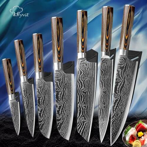 Kitchen Knives Japanese Chef Knife 7CR17 440C Gyuto Stainless Steel Damascus Drawing Meat Cleaver Slicer Santoku Cutter Set