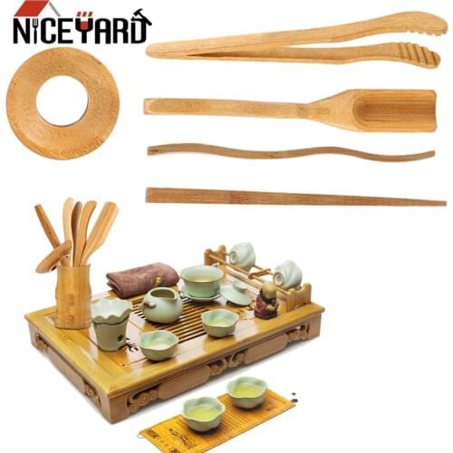 NICEYARD Tea Ceremony Utensils Set 5 pieces/set Wooden Teaware Bamboo Teaspoons Needle Tweezer Clip Strainer Tong Tube Set