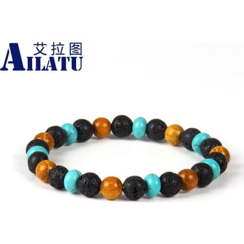 New Design 8mm Lava Rock Stone White Howlite Natural Yellow Wood Beads Lovers Yoga Energy Strand Bracelet