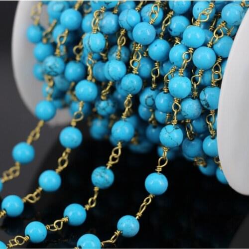 Wholesale 5Meter Blue Turquoise Round Bead Chain plated Brass Wire Wrapped Rosary Chain Necklace Jewelry Findings