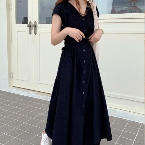 Korea Chic Summer Women Dress Cotton Solid Color Short Sleeve Dress for Women Slim Casual V-Neck Loose Long Dress Vestido 10425