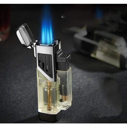 Portable Torch Windproof Gas Cigar Butane Lighters Visible Gas Window Four Jet Flame Small Spray Gun 1300 C
